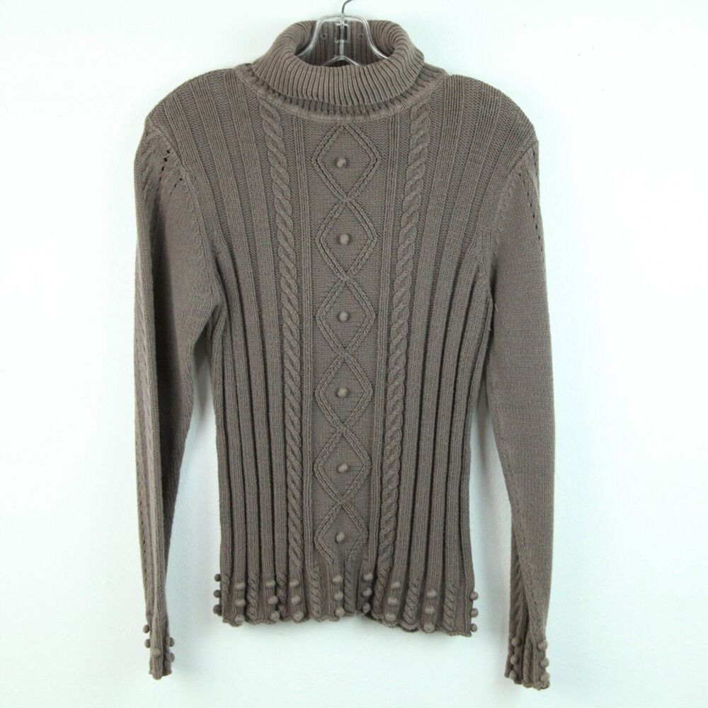 Vintage Large Turtleneck Sweater Brown Cable‎ Knit Bobble Fisherman Preppy Y2K